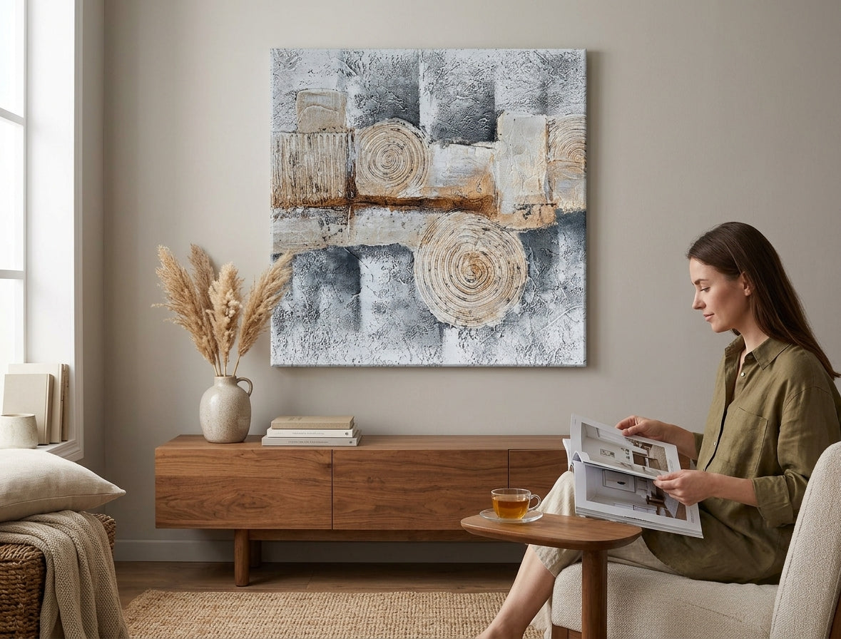 În stil scandinav tablou pe pânză cu motivul natură în alb-bej nuanțe agățat în interiorul birou, natură | Tablou pictat de perete ABSTRACT – interior