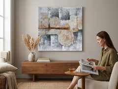 În stil scandinav tablou pe pânză cu motivul natură în alb-bej nuanțe agățat în interiorul birou, natură | Tablou pictat de perete ABSTRACT – interior