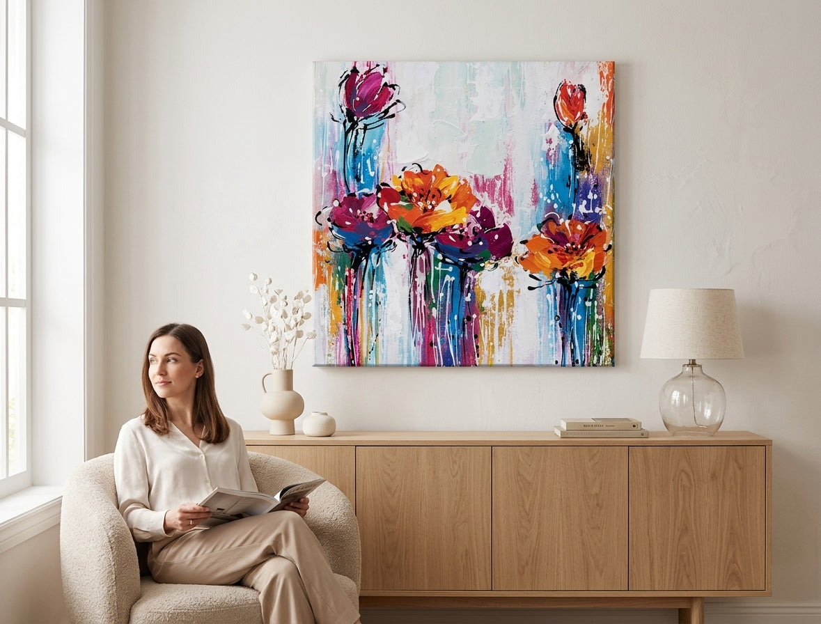 Modern tablou pe pânză în alb-albastru nuanțe agățat în interiorul sufragerie, atmosferă plină de bucurie, natură și atmosferă de primăvară | Tablou pictat de perete ABSTRACT – interior