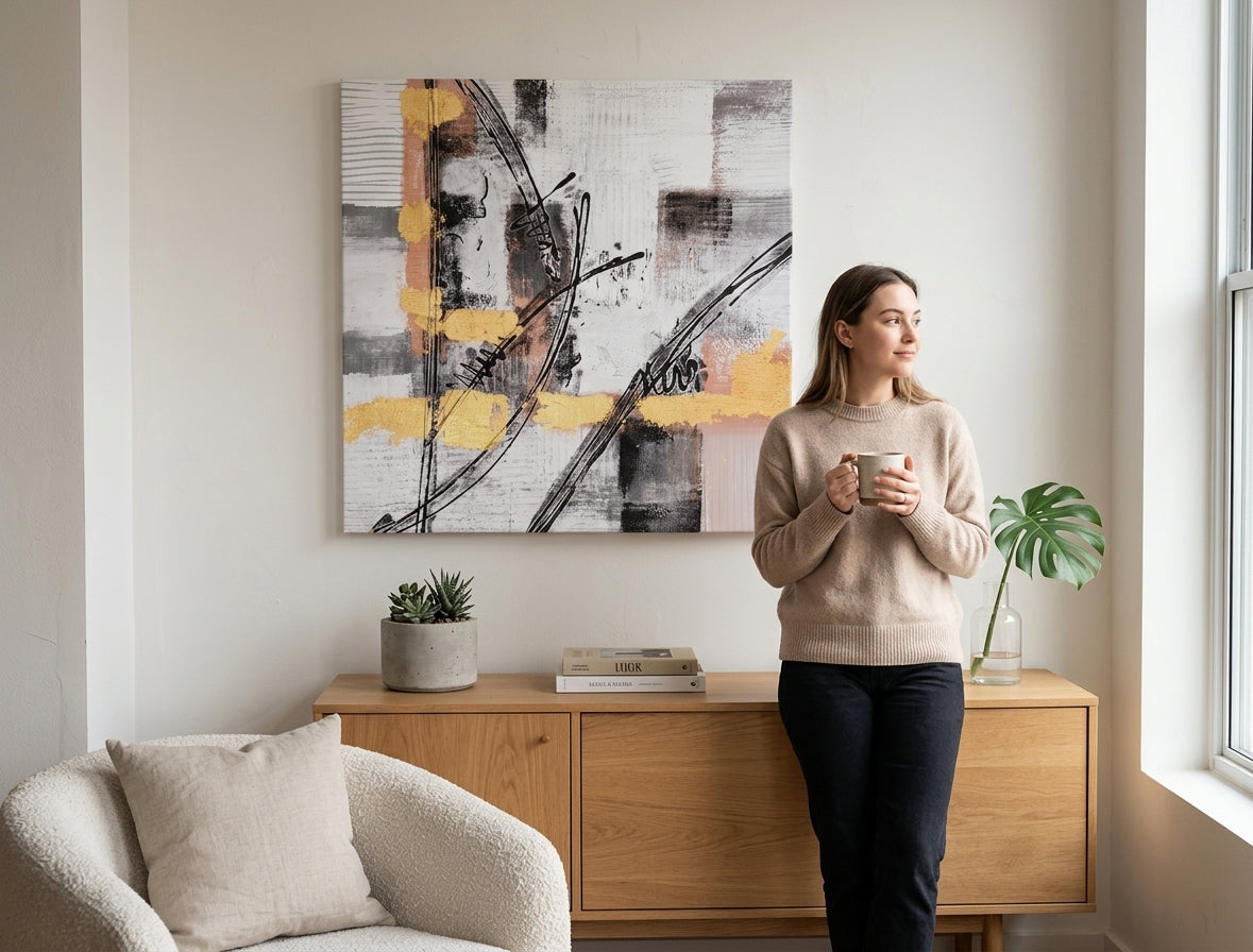 Pictat manual tablou pe pânză cu motivul tușe de pensulă în alb-gri nuanțe agățat în interiorul hol, atmosferă sofisticată, mișcare și minimalism – interior