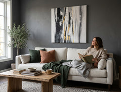 Pictat manual tablou pe pânză cu motivul peisaj, natură în alb-auriu nuanțe agățat în interiorul birou, atmosferă liniștită, natură și minimalism – interior
