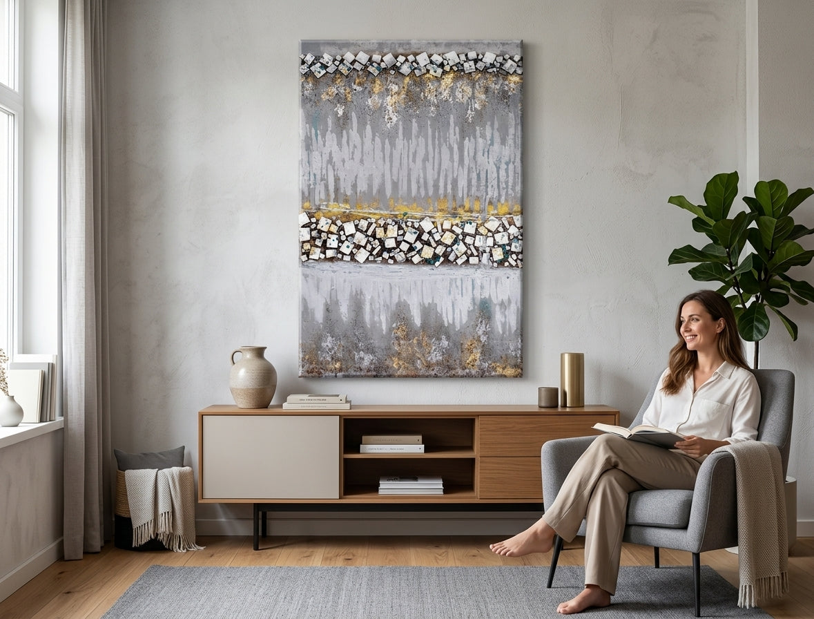 Pictat manual tablou pe pânză cu motivul peisaj în alb-albastru nuanțe agățat în interiorul hol, atmosferă liniștită, minimalism | Tablou pictat de perete ABSTRACT – interior