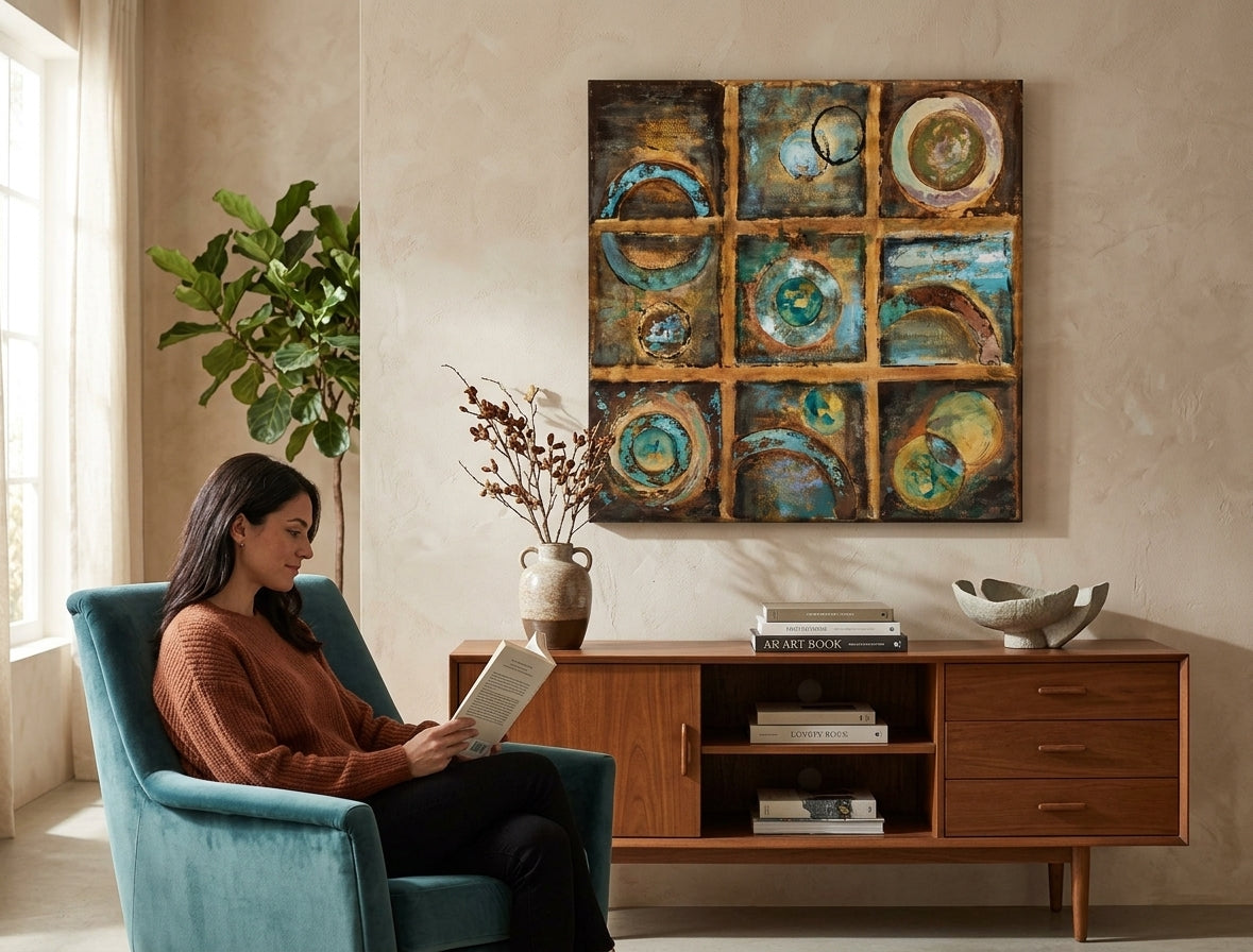 Pictat manual tablou pe pânză cu motivul personalitate celebră în maro-albastru nuanțe agățat în interiorul sufragerie, atmosferă liniștită, natură – interior