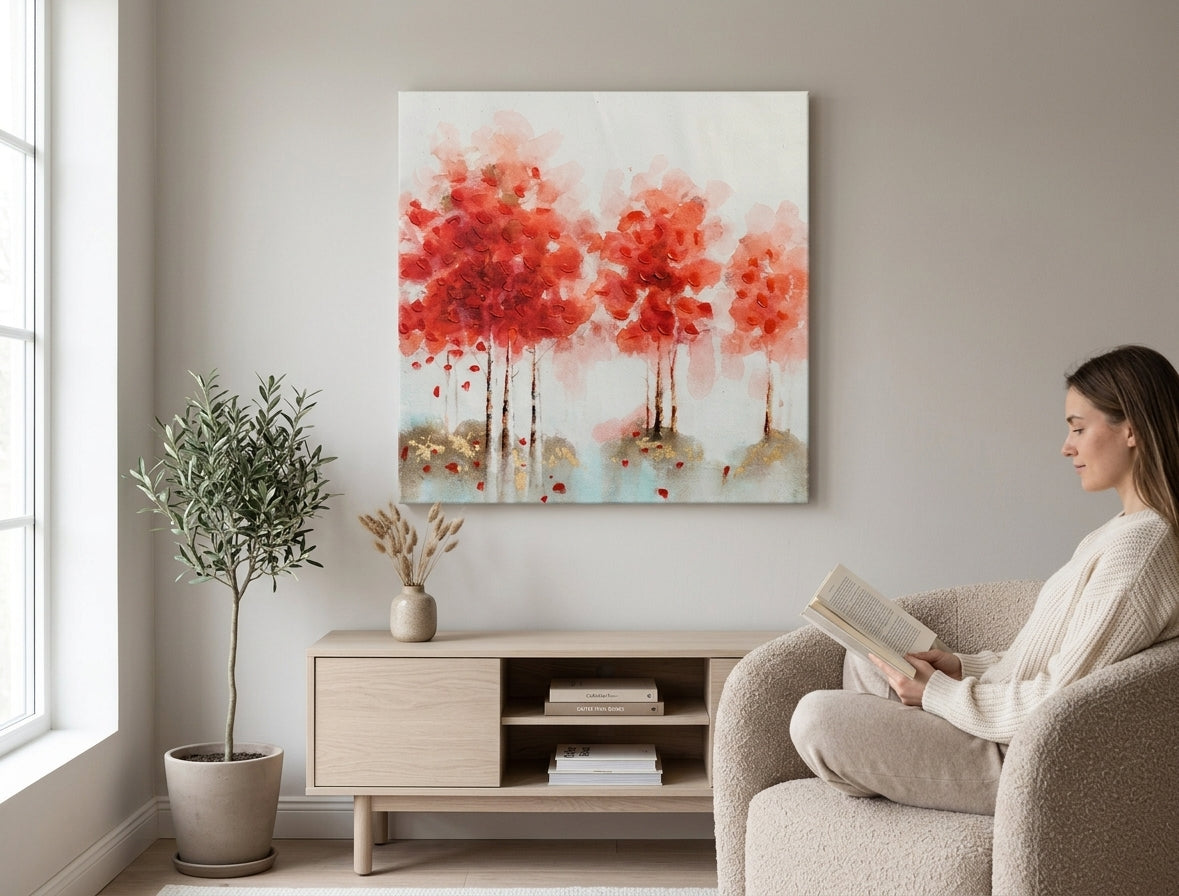 Pictat manual tablou pe pânză cu motivul copaci, pădure, peisaj, natură în alb-portocaliu nuanțe agățat în interiorul hol, atmosferă liniștită – interior