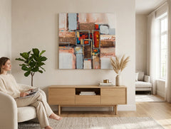 Pictat manual tablou pe pânză în multicolor nuanțe agățat în interiorul birou, atmosferă urbană, viață urbană | Tablou pictat de perete ABSTRACT – interior