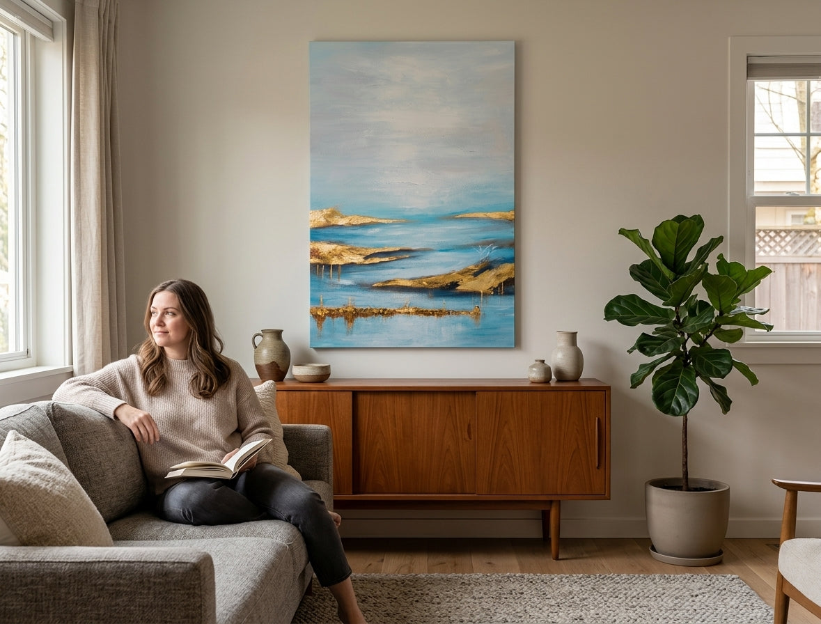 Pictat manual tablou pe pânză cu motivul cer, peisaj, natură în alb-bej nuanțe agățat în interiorul birou de lucru, atmosferă liniștită – interior