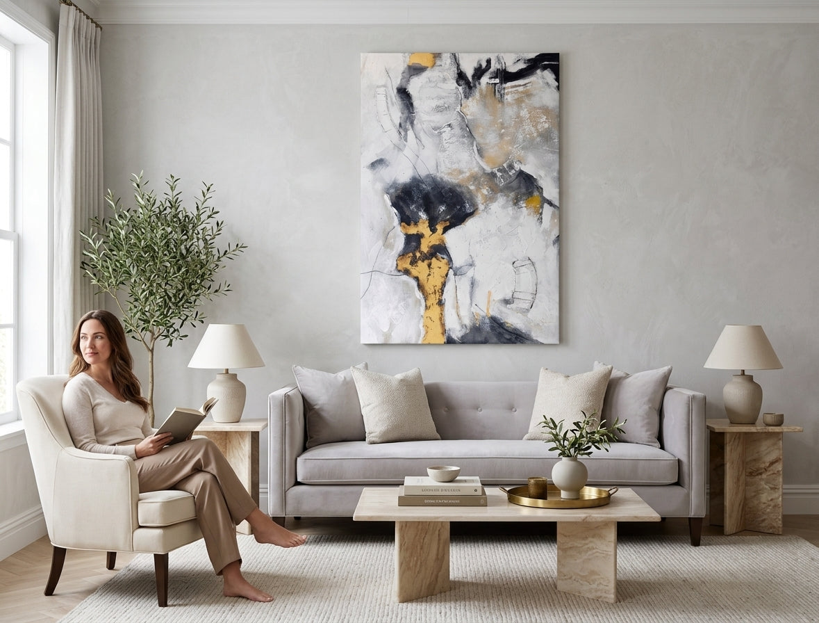 Modern tablou pe pânză în alb-gri nuanțe agățat în interiorul sufragerie, atmosferă sofisticată, minimalism | Tablou pictat de perete ABSTRACT – interior