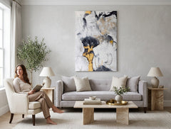 Modern tablou pe pânză în alb-gri nuanțe agățat în interiorul sufragerie, atmosferă sofisticată, minimalism | Tablou pictat de perete ABSTRACT – interior