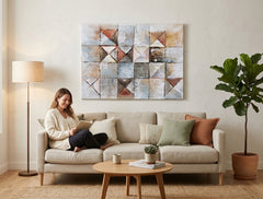 În stil scandinav tablou pe pânză cu motivul hartă, natură în alb-bej nuanțe agățat în interiorul sufragerie, atmosferă liniștită, minimalism – interior