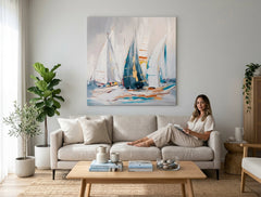 Pop art tablou pe pânză cu motivul ocean în alb-albastru nuanțe agățat în interiorul birou, atmosferă liniștită | Tablou pictat de perete ABSTRACT – interior
