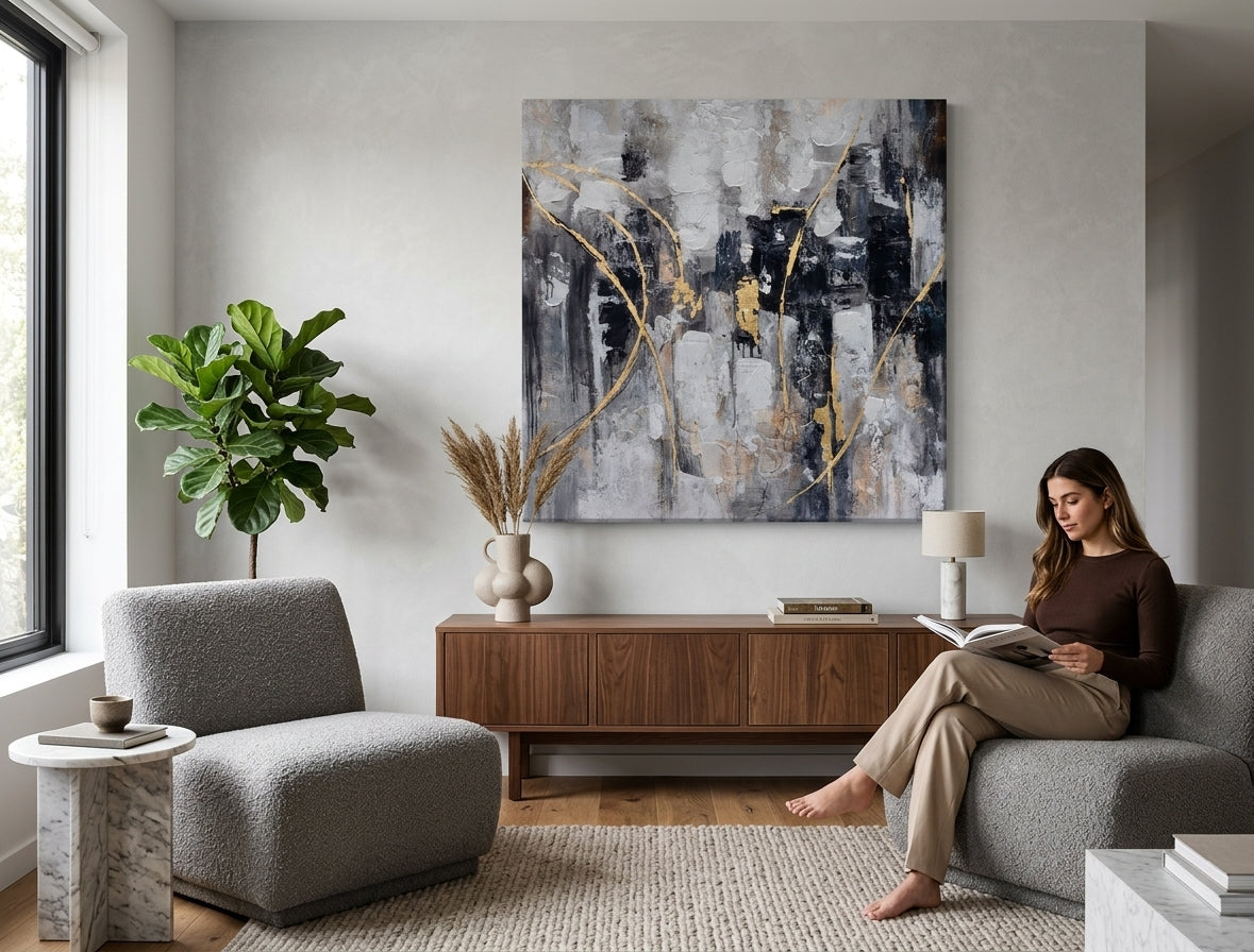 Pictat manual tablou pe pânză în gri-auriu nuanțe agățat în interiorul sufragerie, atmosferă sofisticată, eleganță | Tablou pictat de perete ABSTRACT – interior