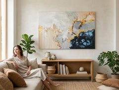 Pictat manual tablou pe pânză cu motivul peisaj, natură în alb-bej nuanțe agățat în interiorul birou, atmosferă liniștită, natură și minimalism – interior