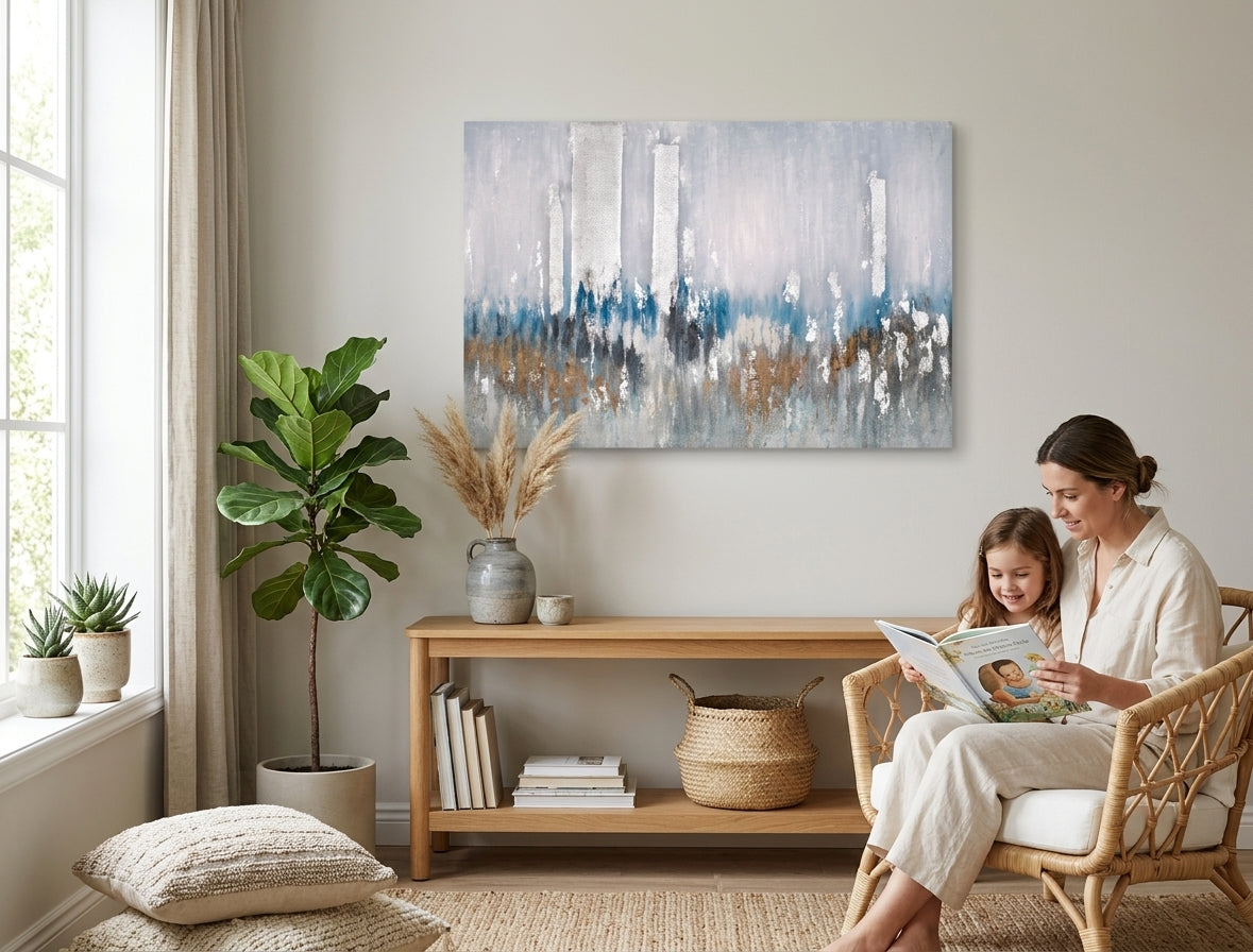 Pictat manual tablou pe pânză cu motivul peisaj, natură în alb-maro nuanțe agățat în interiorul hol, atmosferă liniștită, viață urbană și natură – interior