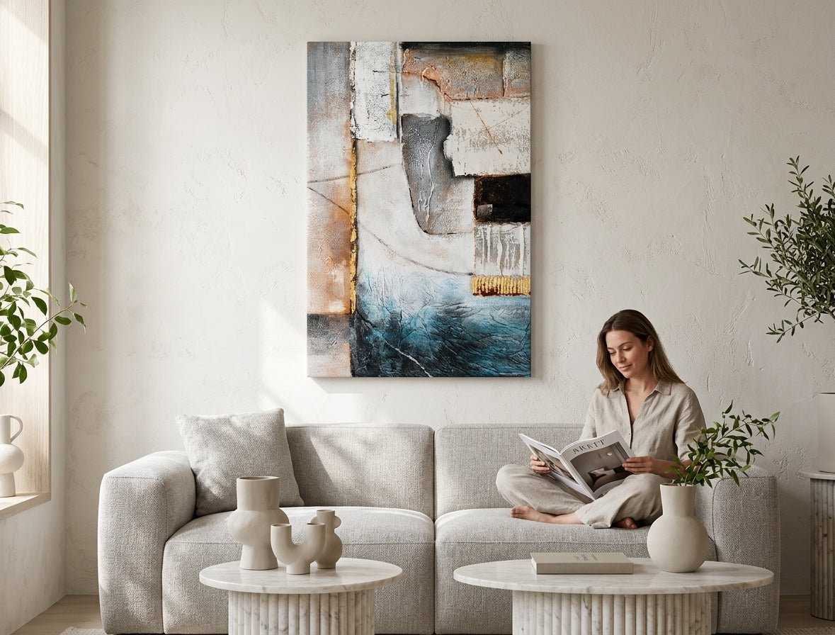 Modern tablou pe pânză în alb-turcoaz nuanțe agățat în interiorul sufragerie, atmosferă liniștită | Tablou pictat de perete ABSTRACT – interior