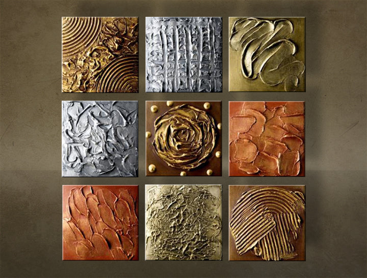 Pictat manual tablou pe pânză cu motivul ABSTRACT 9 piese, motiv pentru copii în alb-auriu nuanțe, atmosferă elegantă, natură, potrivit pentru bucătărie – principală