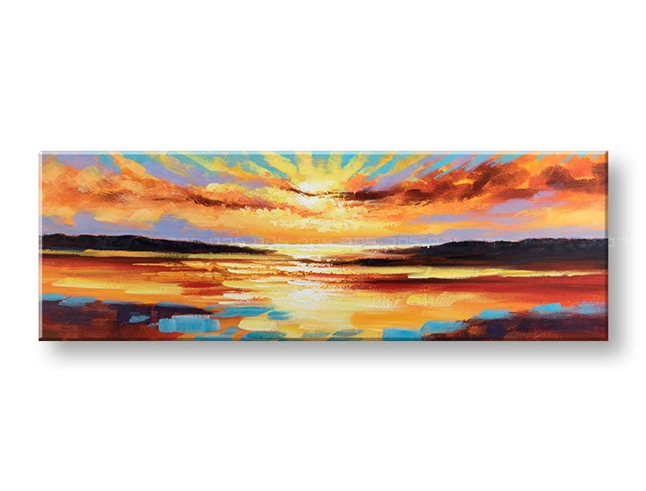 Tablou pictat manual Papilora APUS DE SOARE, prezentat în perspectivă 3D pe pânză, cu nuanțe vibrante de portocaliu, roșu și violet, dimensiuni 150x50 cm, gata de agățat.