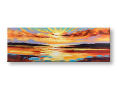 Tablou pictat manual Papilora APUS DE SOARE, prezentat în perspectivă 3D pe pânză, cu nuanțe vibrante de portocaliu, roșu și violet, dimensiuni 150x50 cm, gata de agățat.