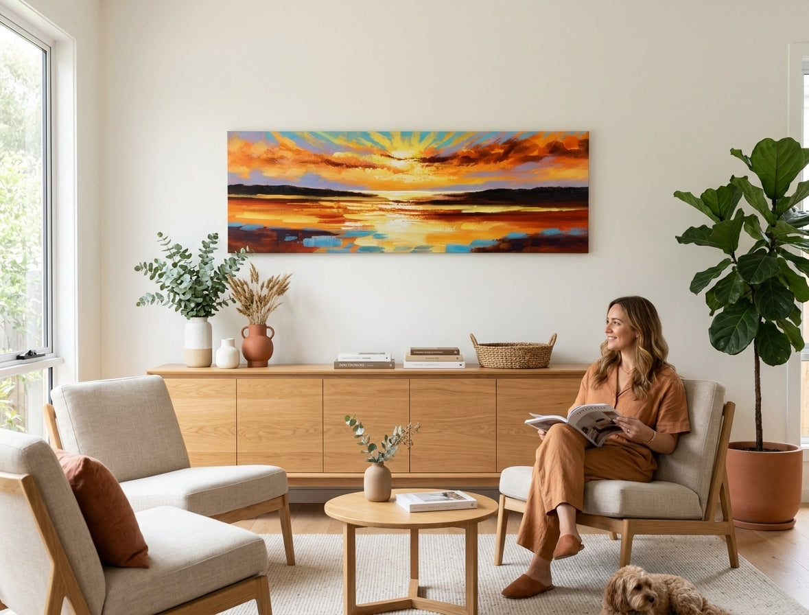 Tablou pictat manual APUS DE SOARE, 150x50 cm, expus într-un interior modern, adăugând o notă vibrantă de culoare și un stil contemporan, ideal pentru living sau dormitor.