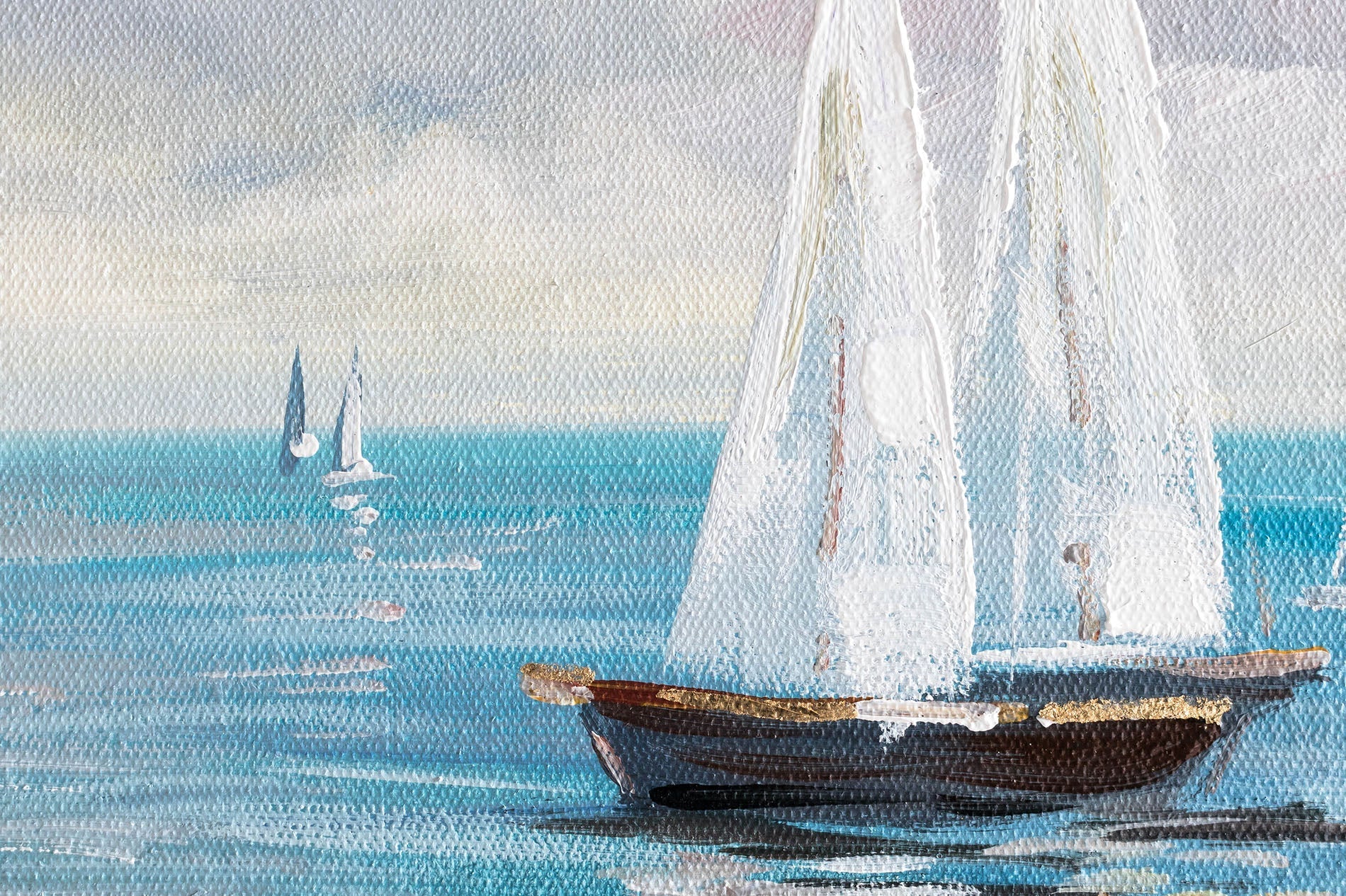 Textura detaliată a picturii manuale cu bărci, arătând straturile de vopsea acrilică și efectele artistice, pe o pânză de 70x70 cm, perfectă pentru un decor sofisticat.