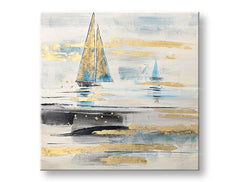 Tablou pictat manual Papilora, BĂRCI, 80x80 cm, cu detalii vibrante de alb, albastru, auriu și negru, prezentat în perspectivă 3D pe pânză. O piesă de artă originală.