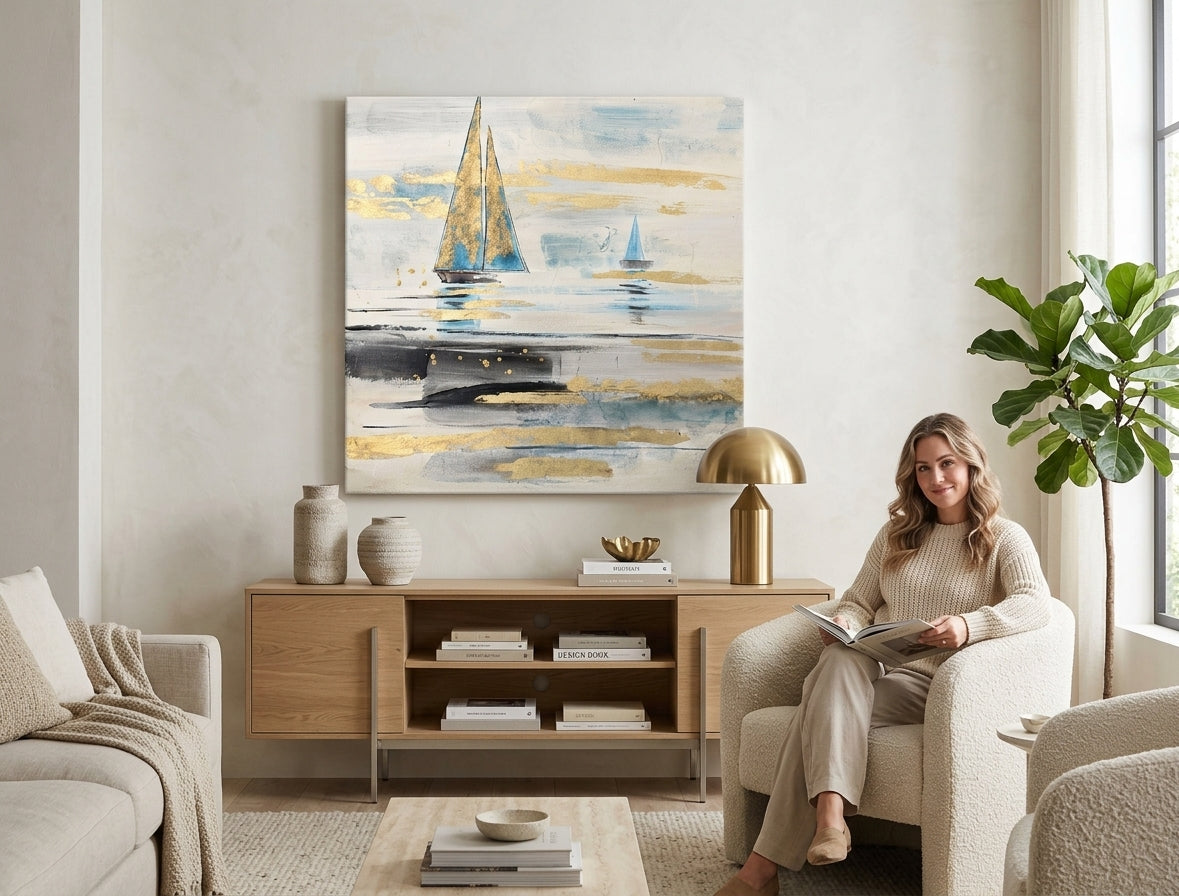 Tablou modern pictat manual pe pânză, cu motiv BĂRCI, 80x80 cm, în nuanțe de alb, albastru, auriu și negru, integrat armonios într-un interior contemporan.