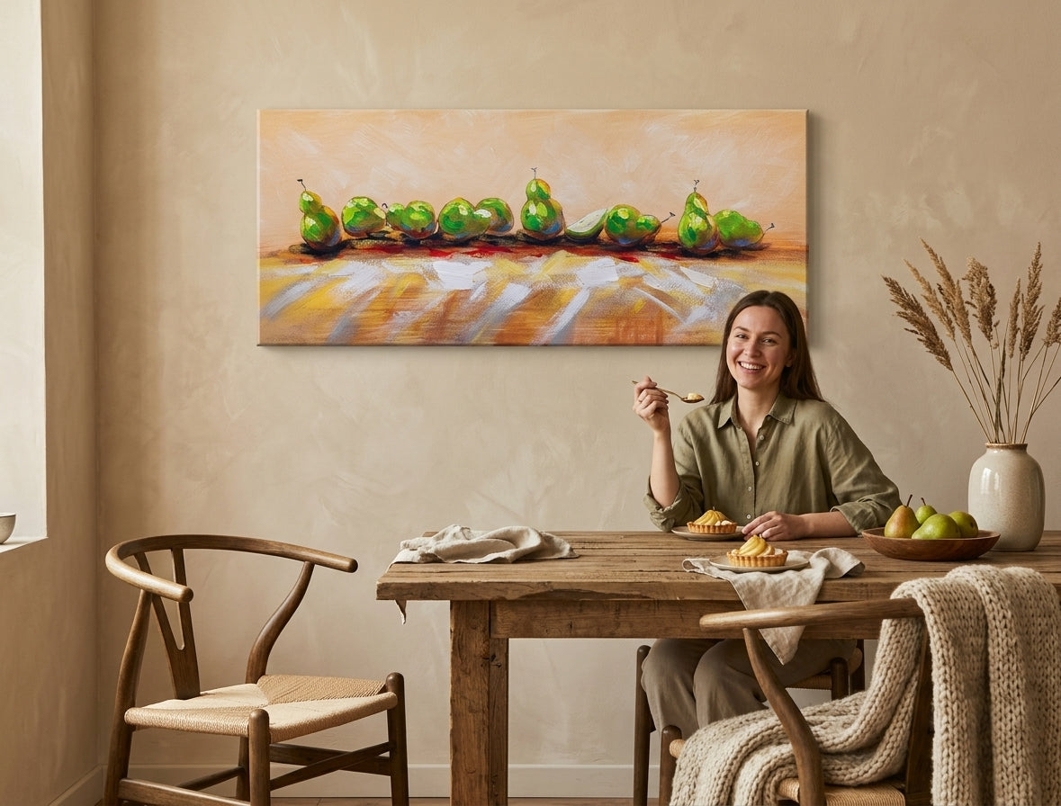 Pop art tablou pe pânză cu motivul HRUŠKY, fructe, peisaj, natură în bej-maro nuanțe agățat în interiorul bucătărie, atmosferă liniștită – interior