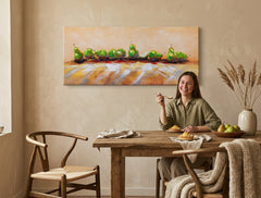 Pop art tablou pe pânză cu motivul HRUŠKY, fructe, peisaj, natură în bej-maro nuanțe agățat în interiorul bucătărie, atmosferă liniștită – interior