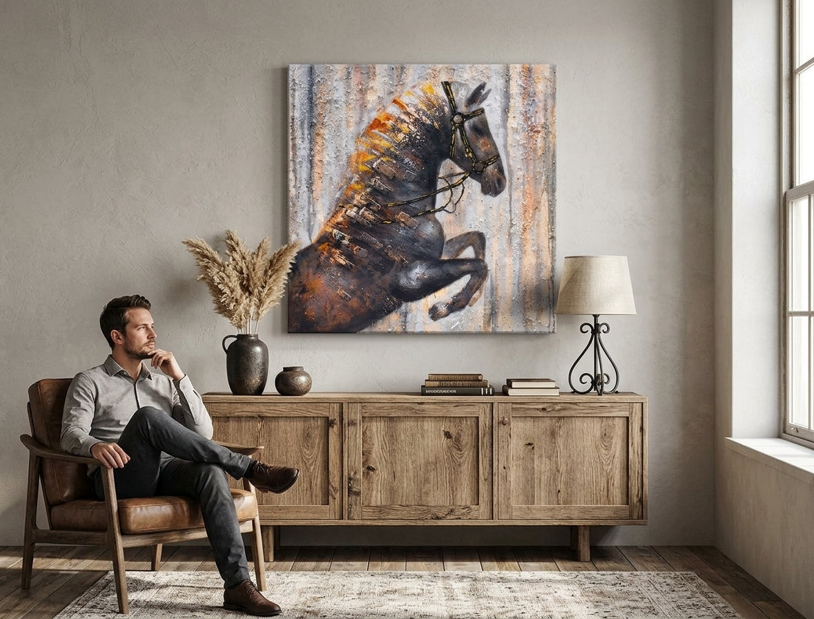 Modern tablou pe pânză cu motivul CAL 75x75 cm, cal în maro nuanțe agățat în interiorul sufragerie, atmosferă rustică, natură și forță | Tablou pictat de perete CAL 75x75 cm – interior