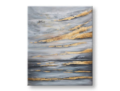 Tablou pictat manual Papilora, Orizont marin abstract în tonuri de gri și auriu, cu accente metalice, 90x110 cm, vedere 3D pe pânză.