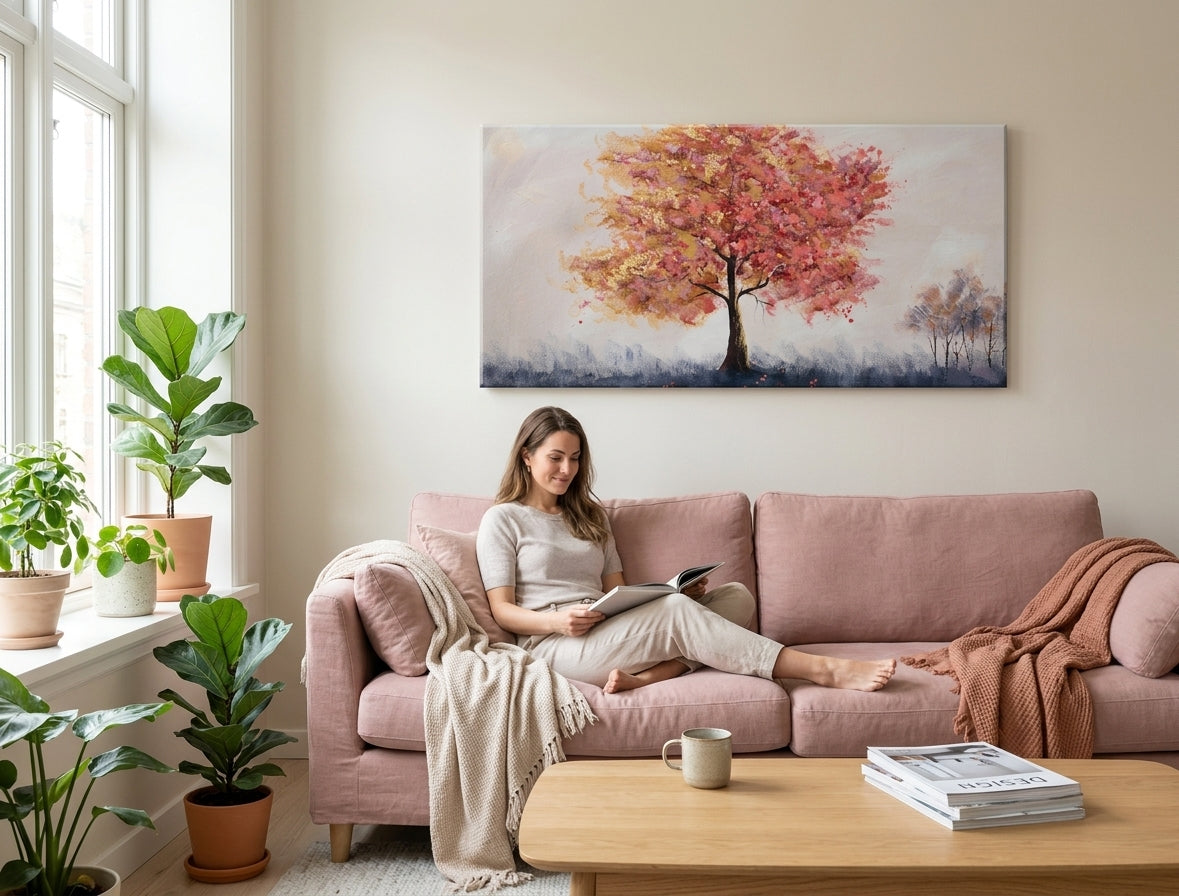 În stil boho tablou pe pânză cu motivul copac, cer, câmp, peisaj, flori în bej-roz nuanțe agățat în interiorul bucătărie, natură și singurătate – interior