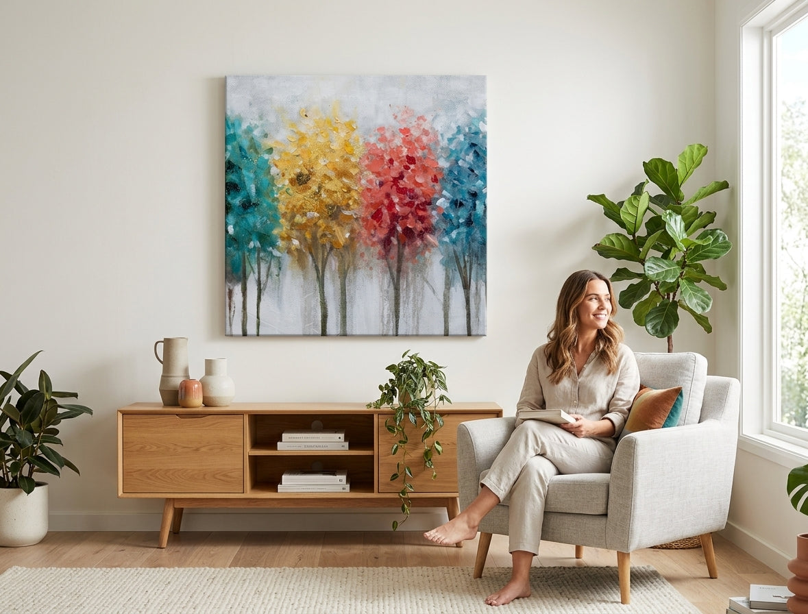 Pictat manual tablou pe pânză cu motivul copaci, natură în albastru-gri nuanțe agățat în interiorul sufragerie, atmosferă veselă, creștere și dezvoltare și natură – interior