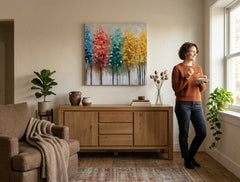 În stil boho tablou pe pânză cu motivul copaci, pădure, hartă, natură în albastru-gri nuanțe agățat în interiorul birou de lucru, atmosferă vibrantă, natură și creștere și dezvoltare – interior