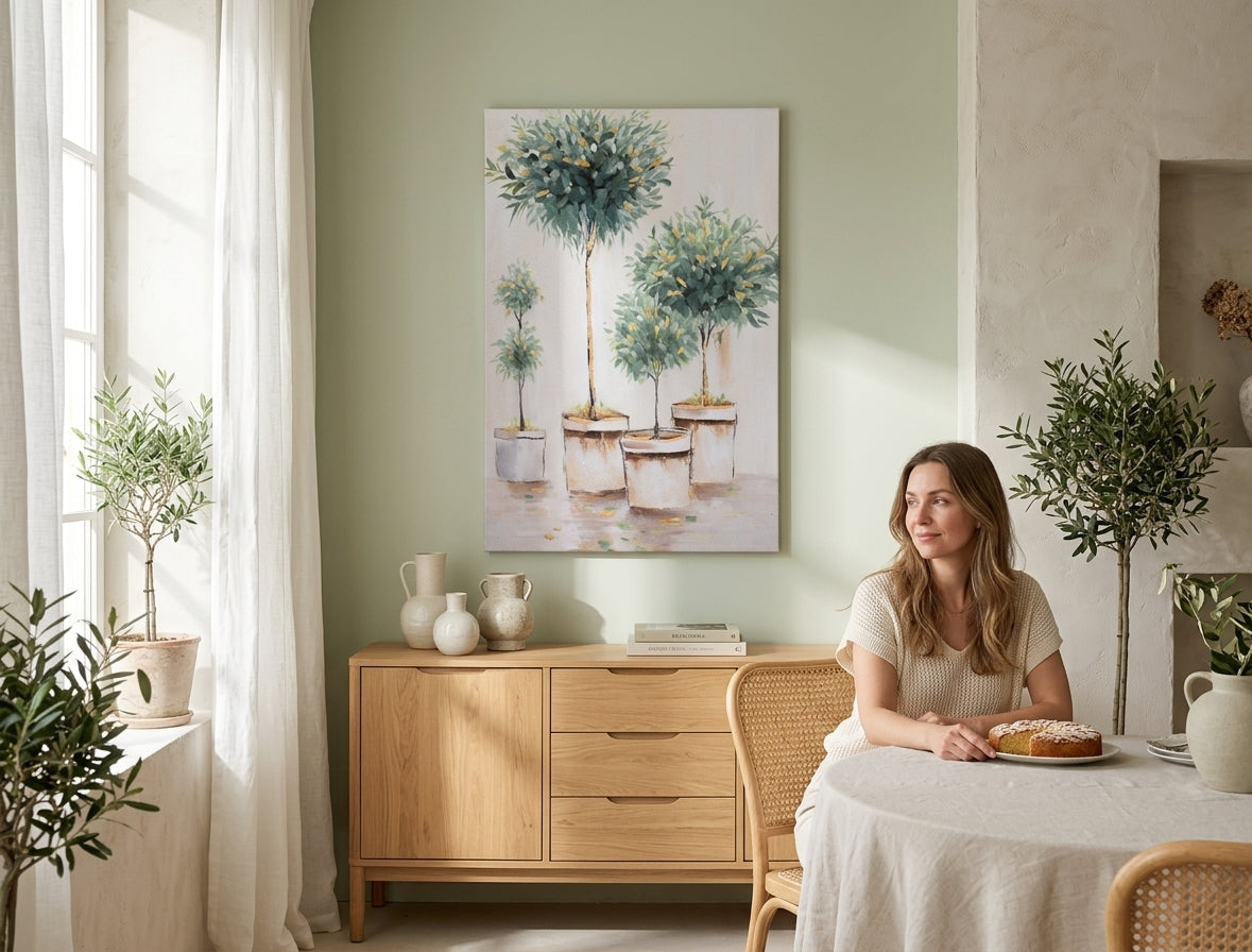 Pictat manual tablou pe pânză cu motivul peisaj, flori, natură în alb-bej nuanțe agățat în interiorul hol, atmosferă liniștită, natură și creștere și dezvoltare – interior