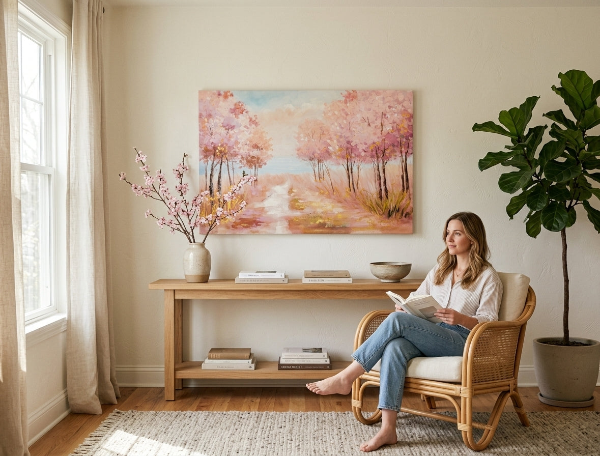 Pictat manual tablou pe pânză cu motivul copaci, potecă, cer, flori, natură în multicolor nuanțe agățat în interiorul hol, atmosferă de primăvară și natură – interior
