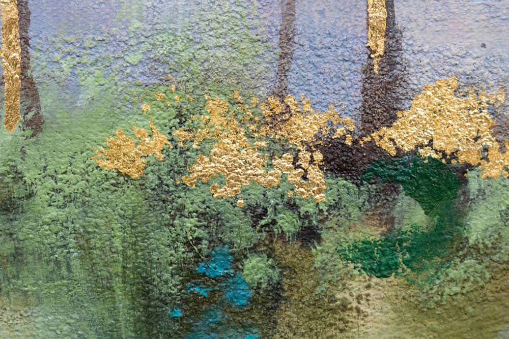 Pictat manual tablou pe pânză cu motivul copaci, potecă, cer, ceață ușoară, peisaj în albastru-roz nuanțe, atmosferă liniștită, potrivit pentru bucătărie – produs, vedere 3