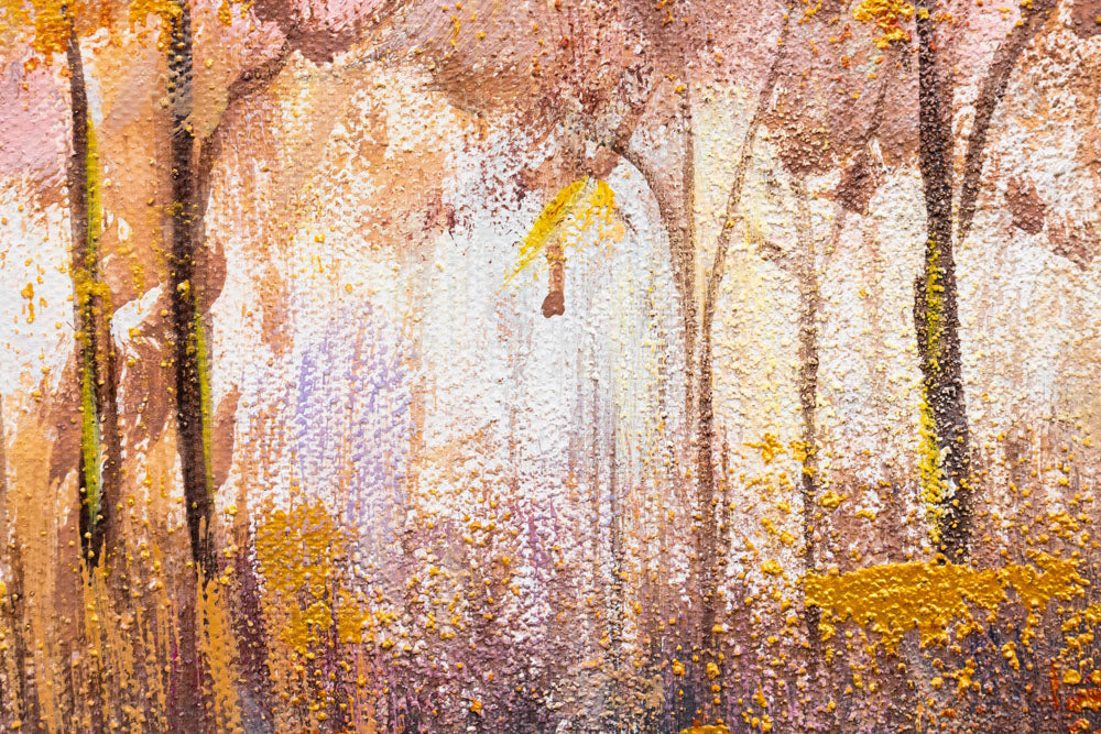 Pictat manual tablou pe pânză cu motivul copaci, cer, hartă, motiv religios, natură în bej-violet nuanțe, atmosferă liniștită, potrivit pentru bucătărie – produs, vedere 3