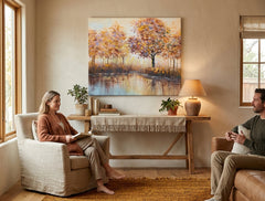 Pictat manual tablou pe pânză cu motivul copaci, cer, hartă, motiv religios, natură în bej-violet nuanțe agățat în interiorul bucătărie – interior