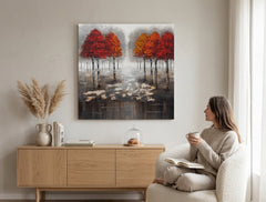 Pictat manual tablou pe pânză cu motivul copaci, pădure, potecă, peisaj în albastru-verde nuanțe agățat în interiorul sufragerie, atmosferă liniștită – interior