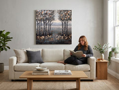 Pictat manual tablou pe pânză cu motivul lac, pădure, peisaj, hartă, natură în multicolor nuanțe agățat în interiorul dormitor, natură și singurătate – interior