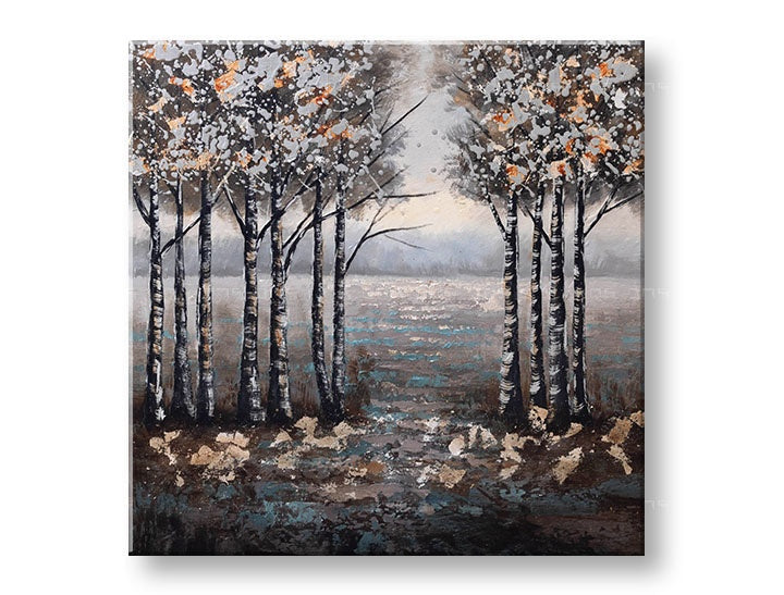 Pictat manual tablou cu motivul lac, pădure, peisaj în multicolor nuanțe | Tablou pictat de perete COPACI, natură și singurătate – previzualizare