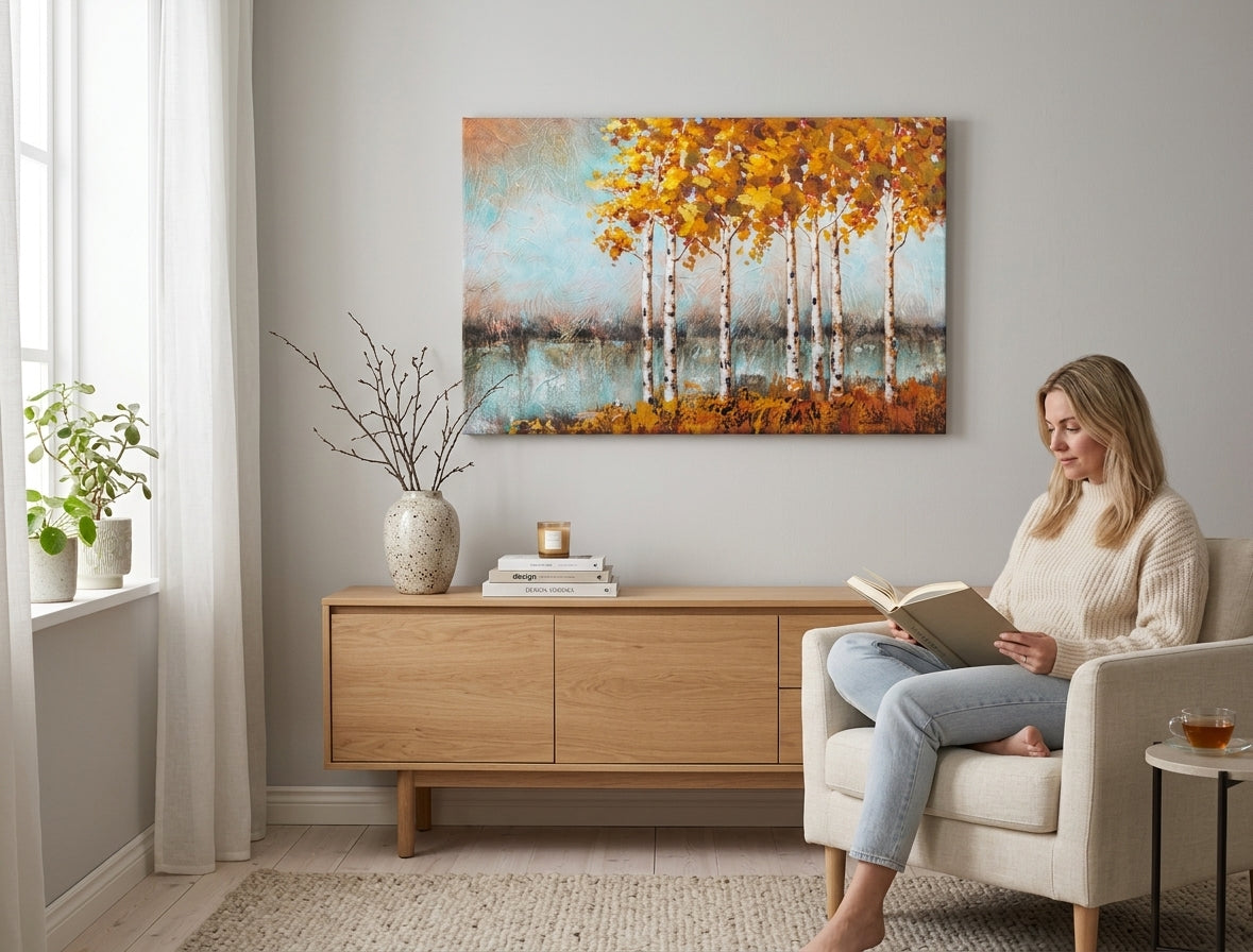Pictat manual tablou pe pânză în alb-maro nuanțe agățat în interiorul bucătărie, atmosferă liniștită, natură | Tablou pictat de perete COPACI – interior