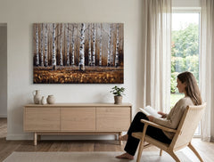Pictat manual tablou pe pânză cu motivul copaci, peisaj, natură în alb-maro nuanțe agățat în interiorul hol, atmosferă liniștită, natură și singurătate – interior