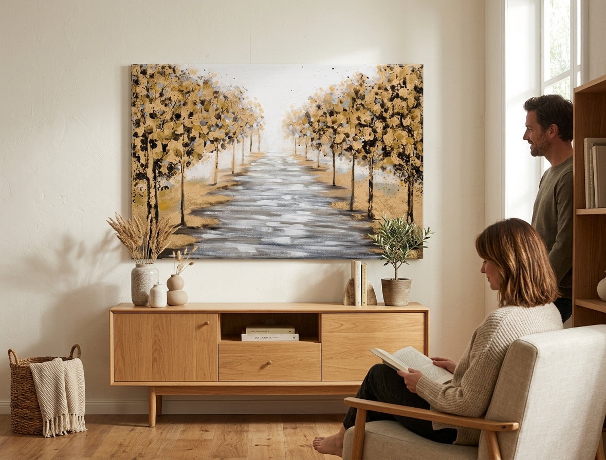 Pictat manual tablou pe pânză cu motivul copaci, natură în alb-maro nuanțe agățat în interiorul hol, atmosferă liniștită, natură | Tablou pictat de perete COPACI – interior