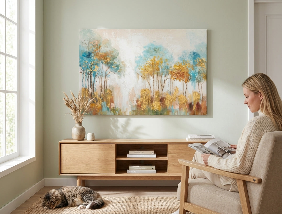 În stil scandinav tablou pe pânză cu motivul copaci, pădure, cer, peisaj, hartă în multicolor nuanțe agățat în interiorul sufragerie, natură și creștere și dezvoltare – interior