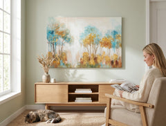 În stil scandinav tablou pe pânză cu motivul copaci, pădure, cer, peisaj, hartă în multicolor nuanțe agățat în interiorul sufragerie, natură și creștere și dezvoltare – interior