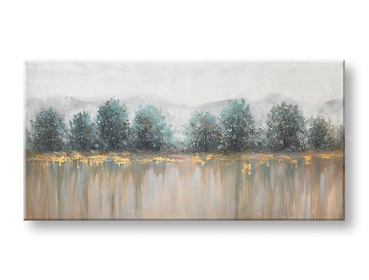 Miniatură a tabloului pictat manual pe pânză, motiv COPACI, 140x70 cm, cu peisaj montan în nuanțe de alb, albastru și gri, pentru previzualizare.