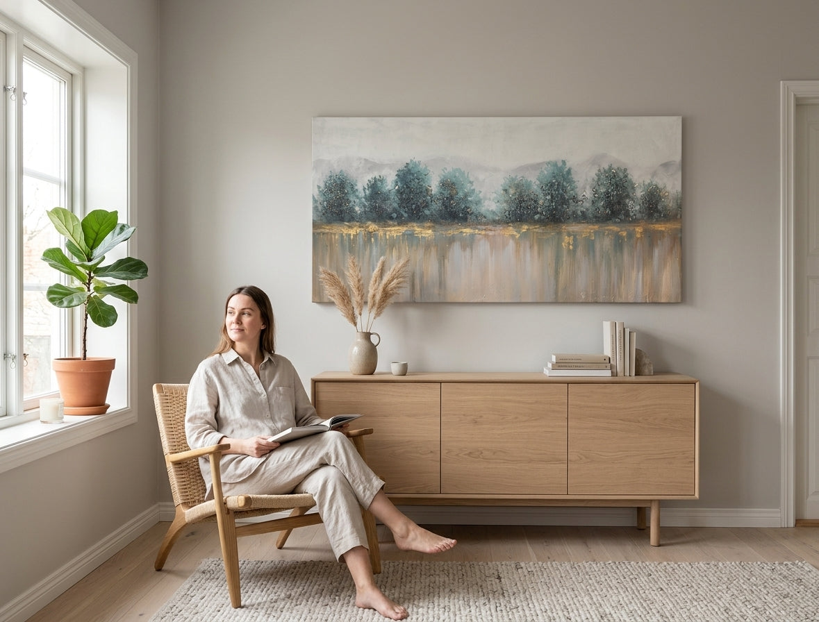 Tablou pictat manual pe pânză, motiv COPACI, 140x70 cm, cu peisaj montan în nuanțe de alb, albastru și gri, expus într-un living modern.