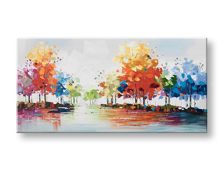 Tablou Papilora pictat manual, cu motiv COPACI, în format 3D, dimensiuni 140x70 cm, cu nuanțe de alb, bej și gri, ideal pentru un decor modern.
