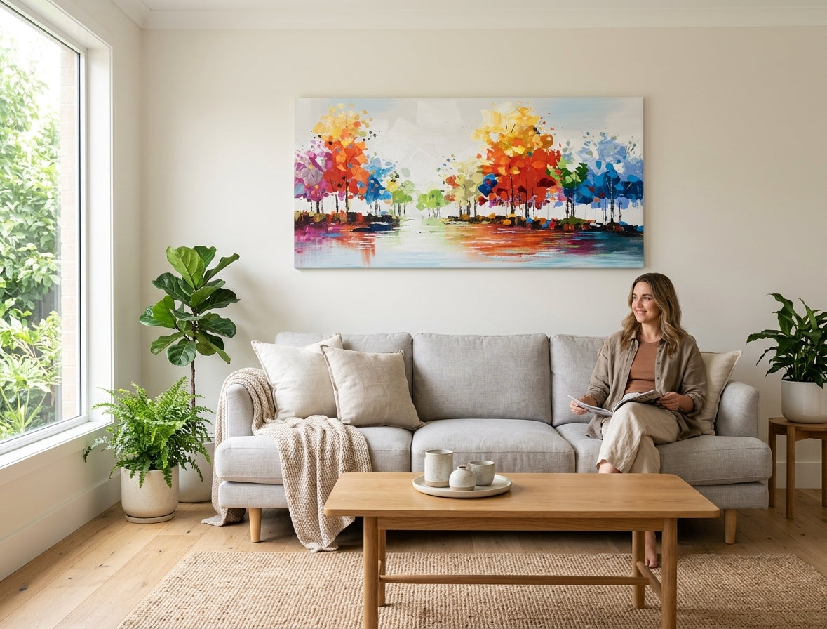 Tablou pictat manual cu COPACI, 140x70 cm, integrat armonios într-un living modern, aducând un accent natural și elegant spațiului.