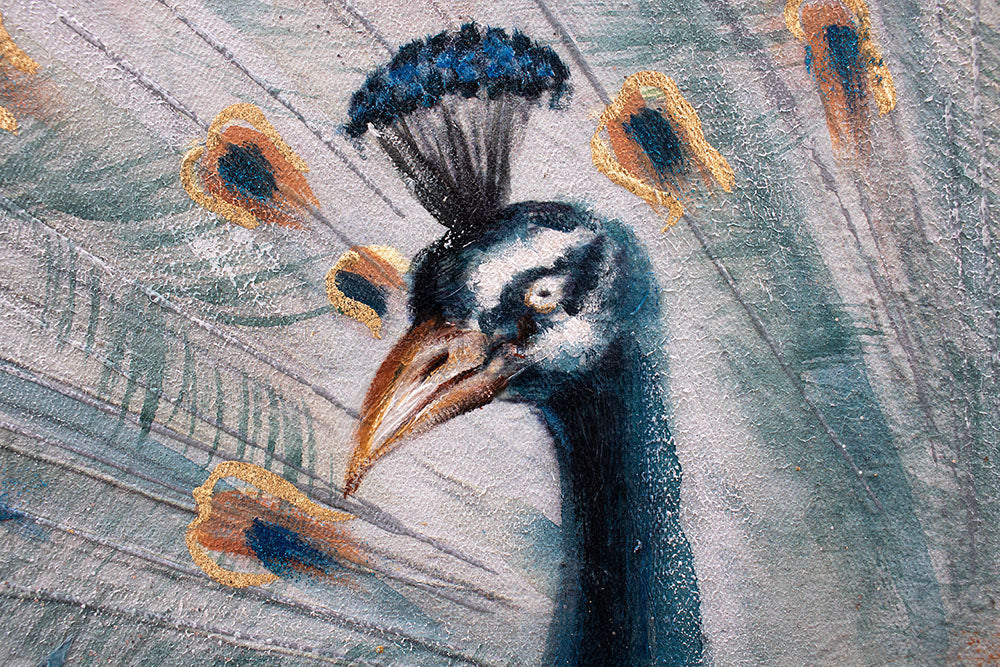 Pop art tablou pe pânză cu motivul PĂUN, pasăre în albastru-gri nuanțe, atmosferă elegantă, natură și frumusețe, potrivit pentru birou de lucru | Tablou pictat de perete PĂUN – produs